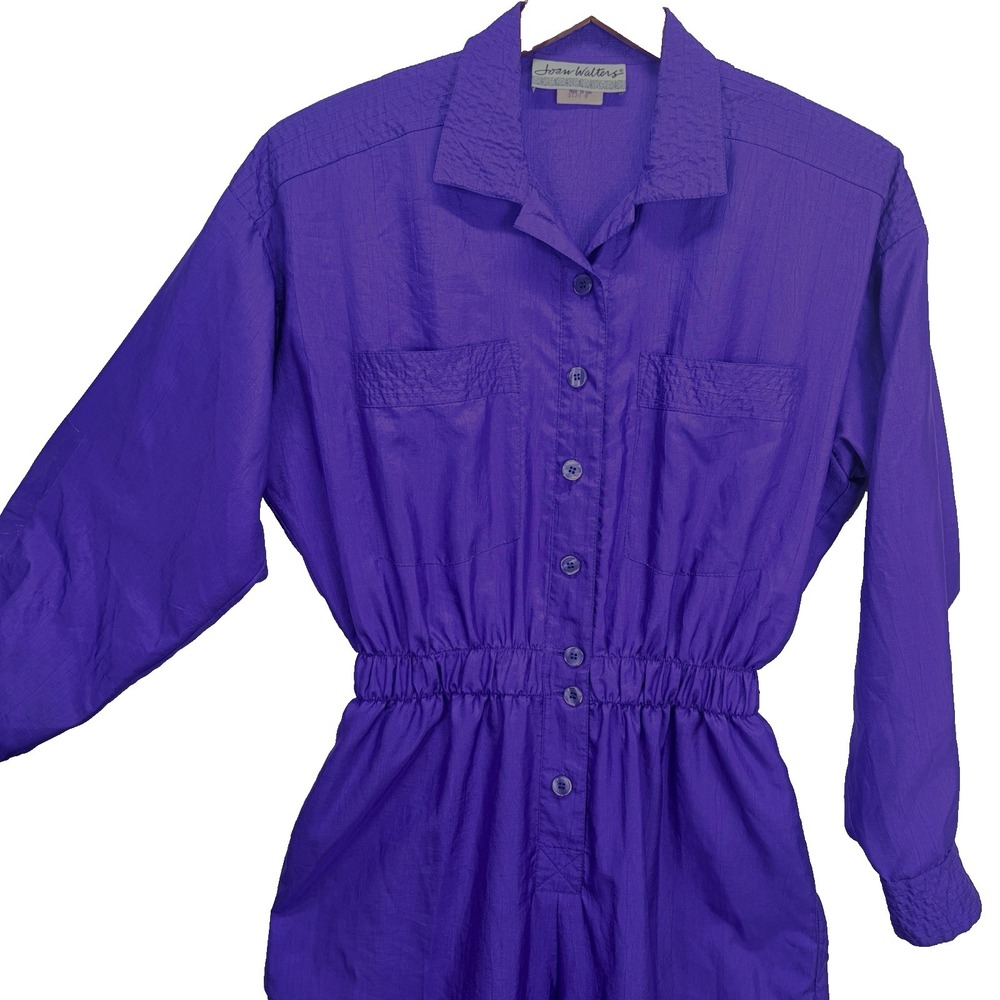 Vintage Joan Walters Woman's Nylon Button Up Jumpsuit Size 8 Purple 80's 90's - Picture 2 of 16